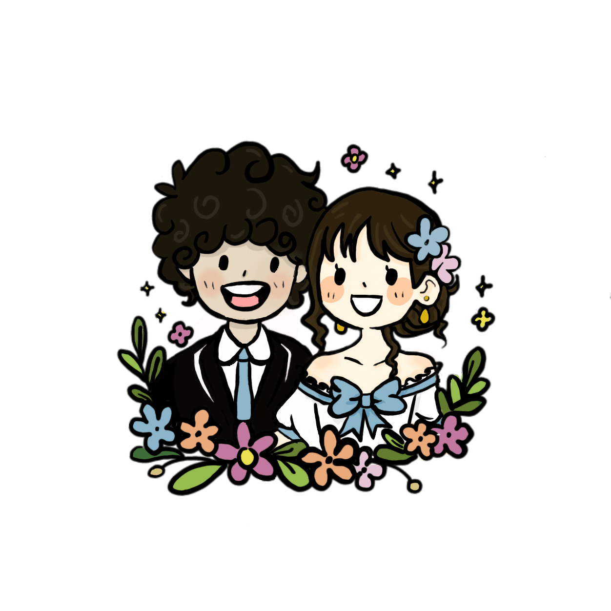 Ilustración de los novios con flores